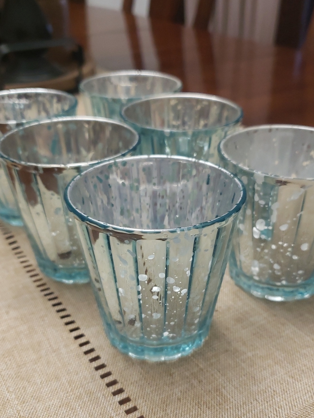 Set Of 6 Aqua & Silver Glass Votive Tea Light Candle Holders